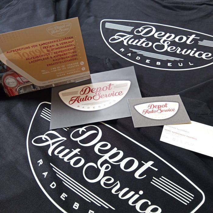 Detailaufnahme Logo, Flyer, Visitenkarten, Textildruck Depot Auto Service Radebeul
