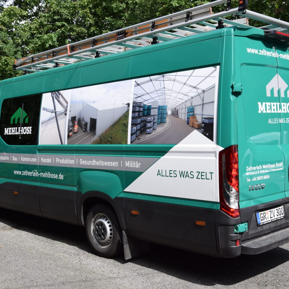 Zeltverleih Mehlhose Fahrzeugbeschriftung Heckansicht