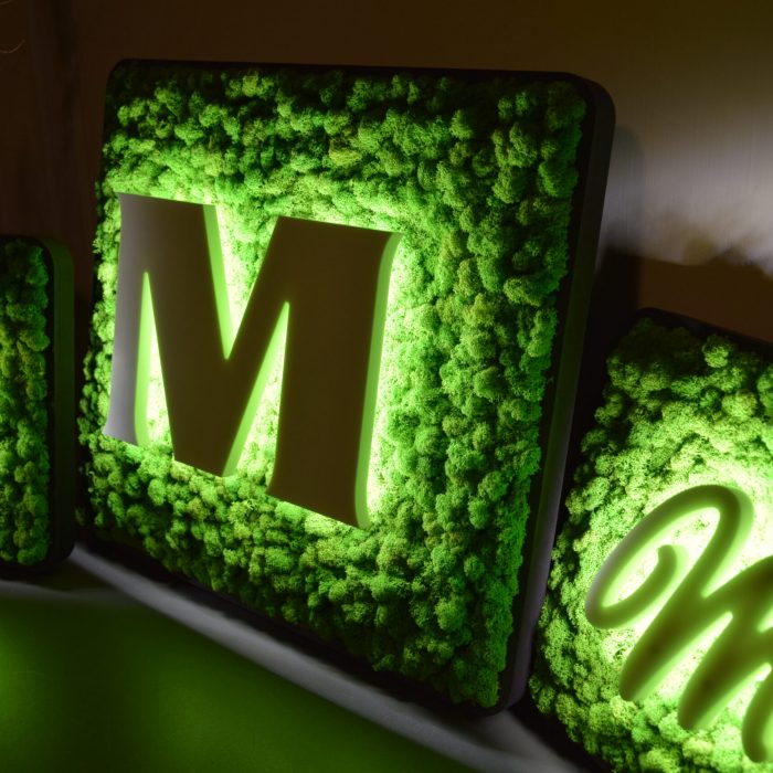 Musterbau für Acryl LED Leuchtlogo auf Moosuntergrund