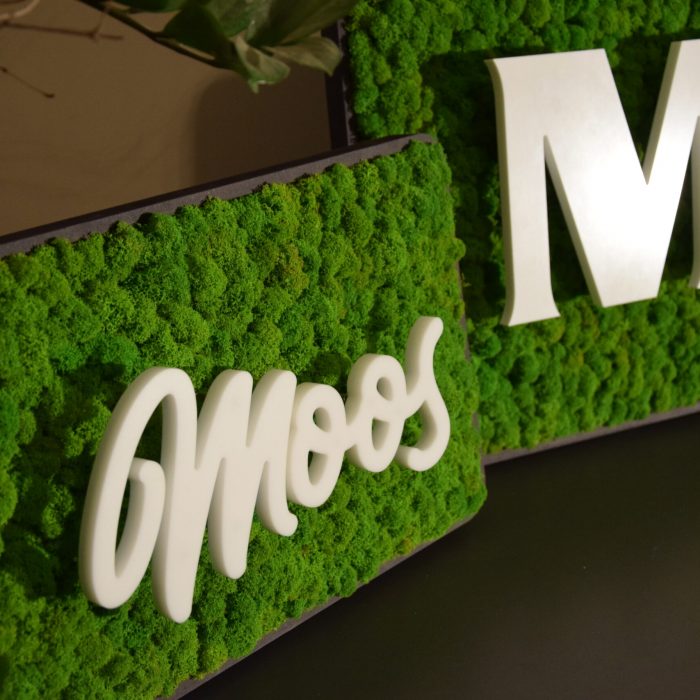 Musterbau für Acryl LED Leuchtlogo auf Moosuntergrund ohne Beleuchtung